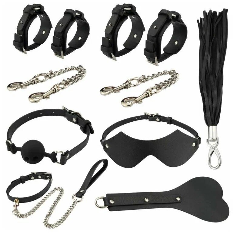 Черный набор для БДСМ игр (9 предметов) в кожанной сумке