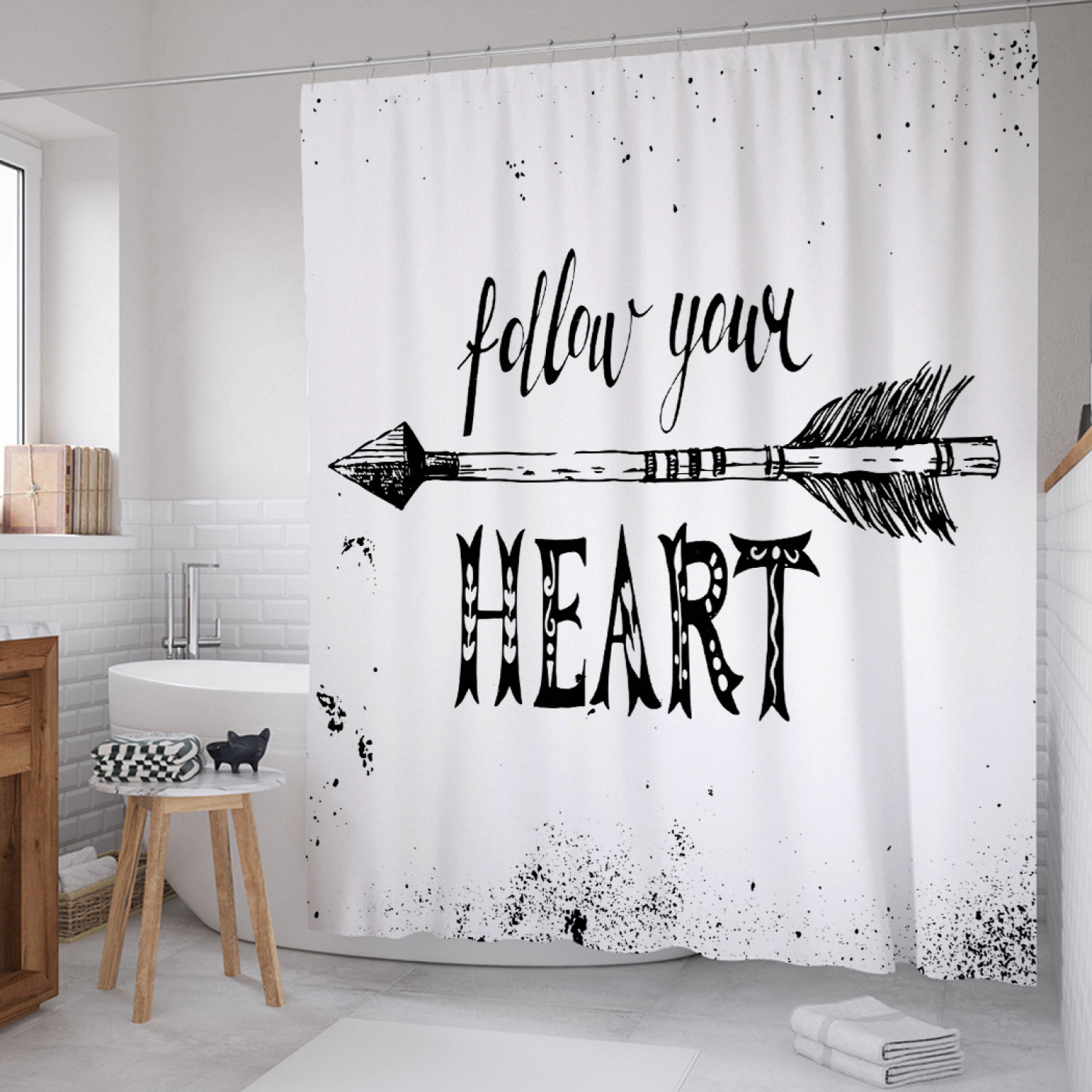 

Штора для ванной JoyArty "Следуй за своим сердцем" из сатена, 180х200 см с крючками, Серый, Следуй за своим сердцем