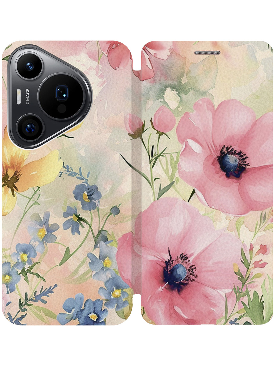 

Чехол-книжка на Huawei Pura 70 Pro / 70 Pro+ с принтом "Акварельные маки" золотой, 782625222