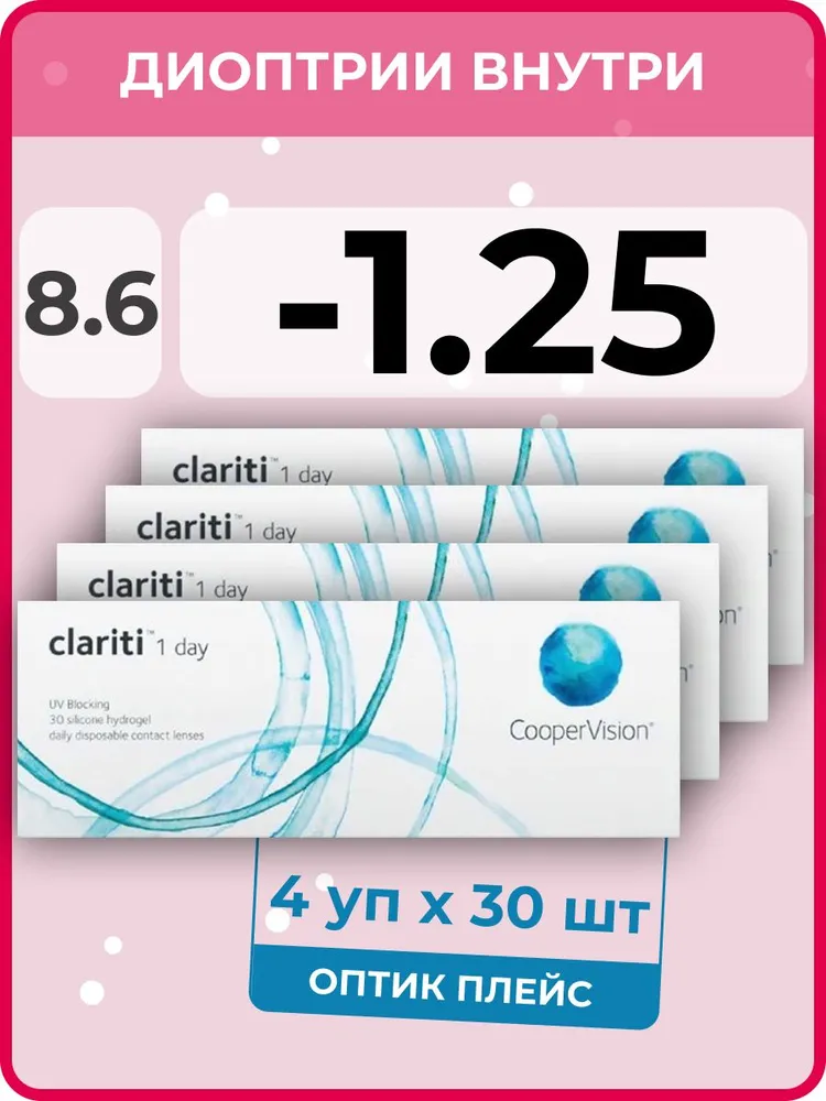 

Контактные линзы CooperVision clariti 1-day 4 упаковки по 30 линз, R 8.6 SPH -1.25