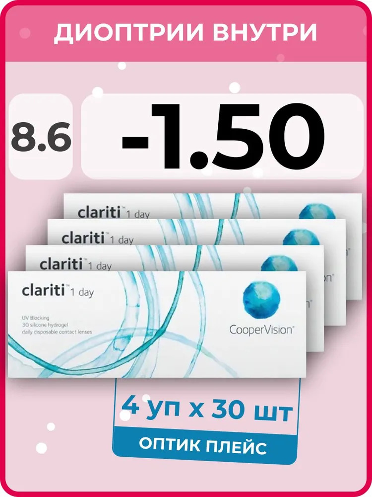 

Контактные линзы CooperVision clariti 1-day 4 упаковки по 30 линз, R 8.6 SPH -1.50