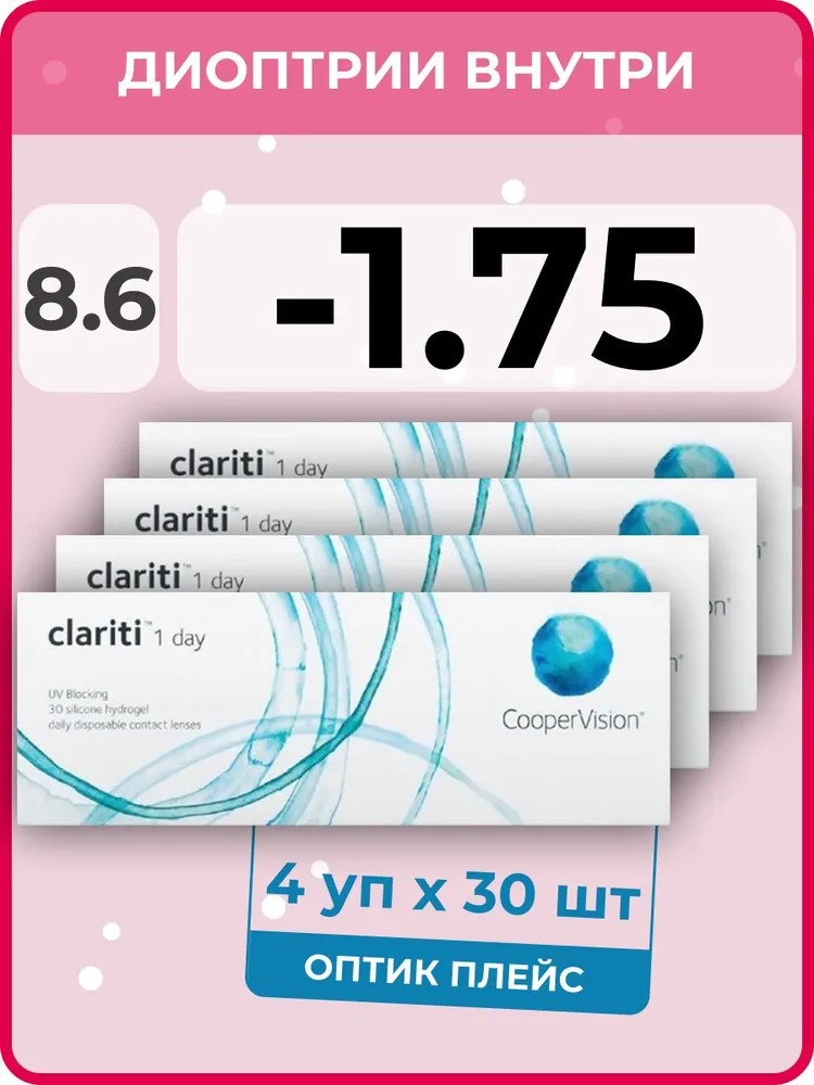 

Контактные линзы CooperVision clariti 1-day 4 упаковки по 30 линз, R 8.6 SPH -1.75