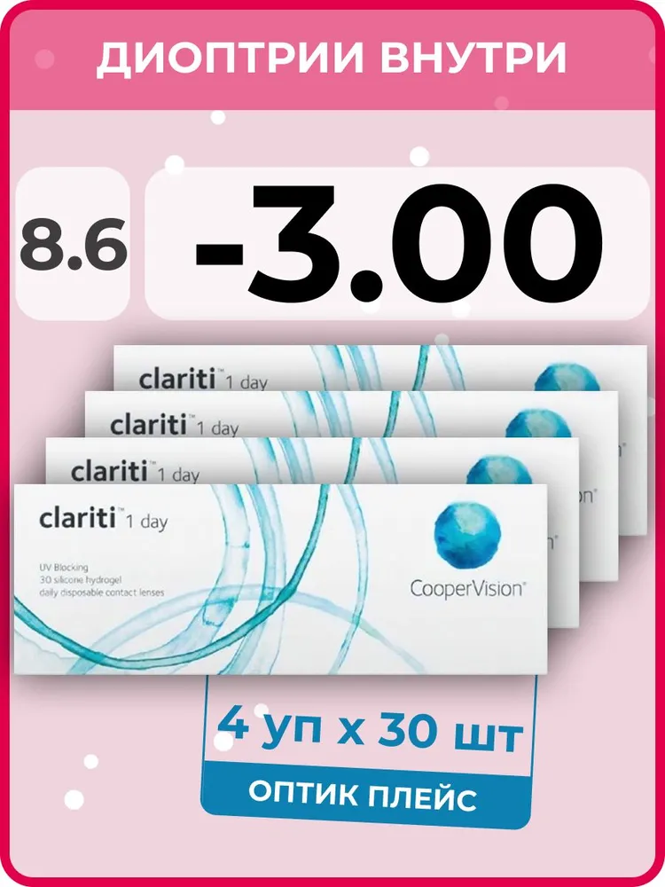 

Контактные линзы CooperVision clariti 1-day 4 упаковки по 30 линз, R 8.6 SPH -3.00