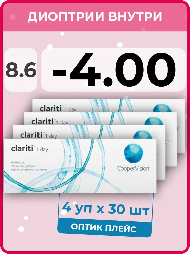 

Контактные линзы CooperVision clariti 1-day 4 упаковки по 30 линз, R 8.6 SPH -4.00