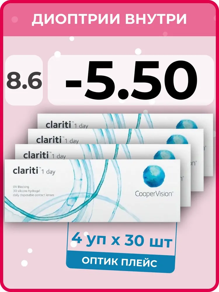 

Контактные линзы CooperVision clariti 1-day 4 упаковки по 30 линз, R 8.6 SPH -5.50