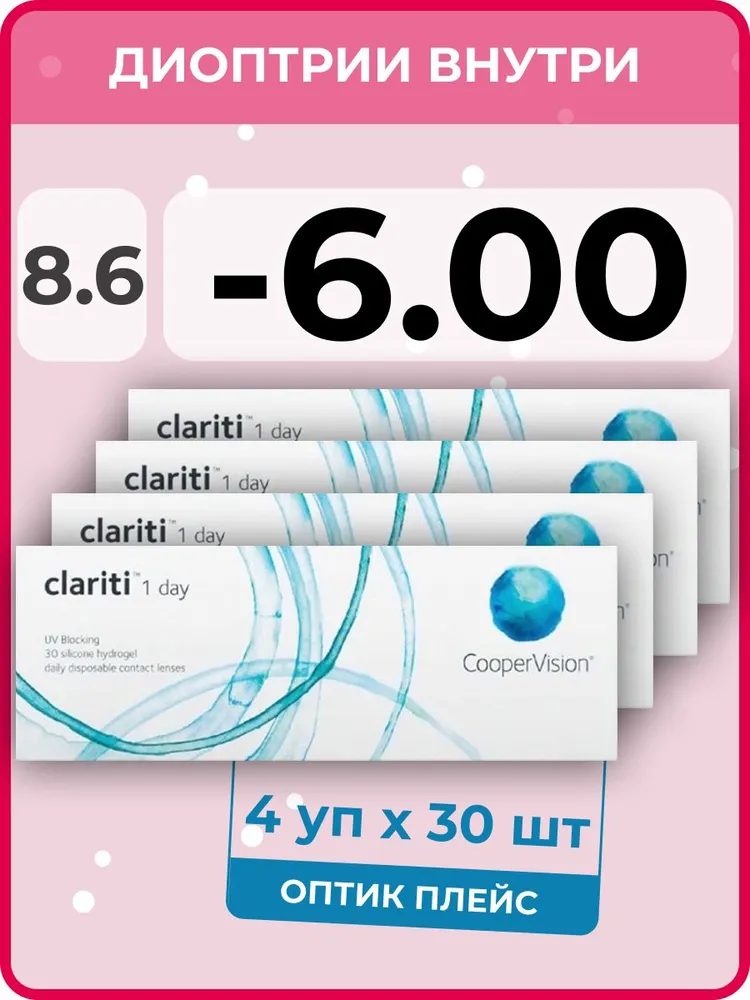 

Контактные линзы CooperVision clariti 1-day 4 упаковки по 30 линз, R 8.6 SPH -6.00