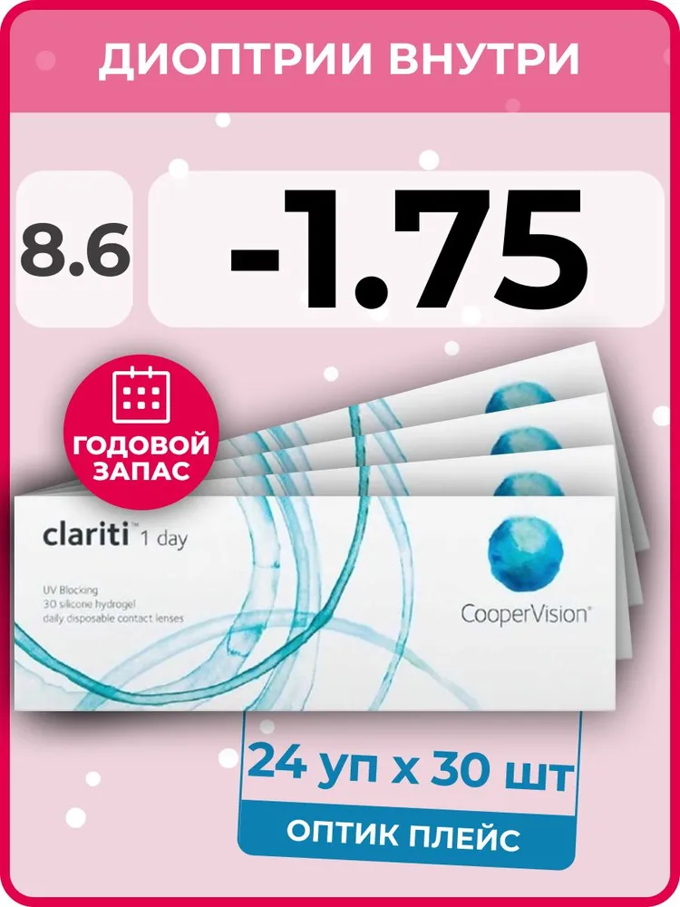 

Контактные линзы CooperVision Clariti 1-day 24 упаковки по 30 линз, R 8.6 SPH -1.75