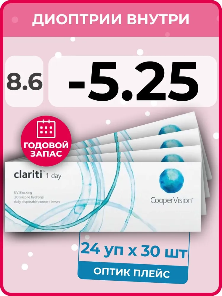 

Контактные линзы CooperVision Clariti 1-day 24 упаковки по 30 линз, R 8.6 SPH -5.25