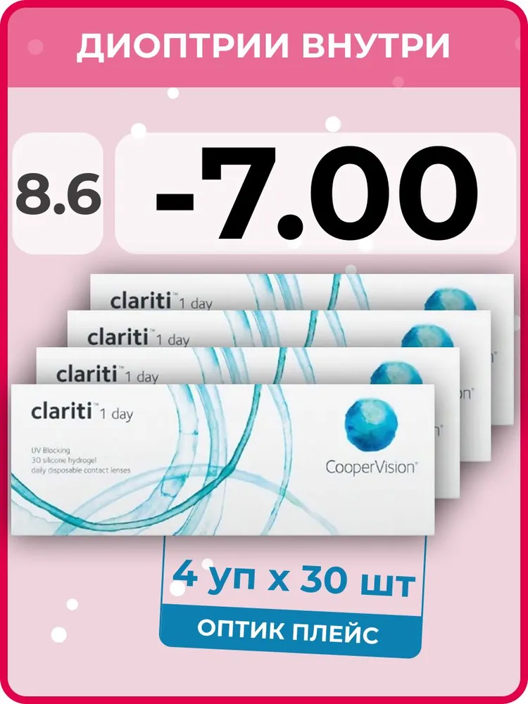 

Контактные линзы CooperVision clariti 1-day 4 упаковки по 30 линз, R 8.6 SPH -7.00