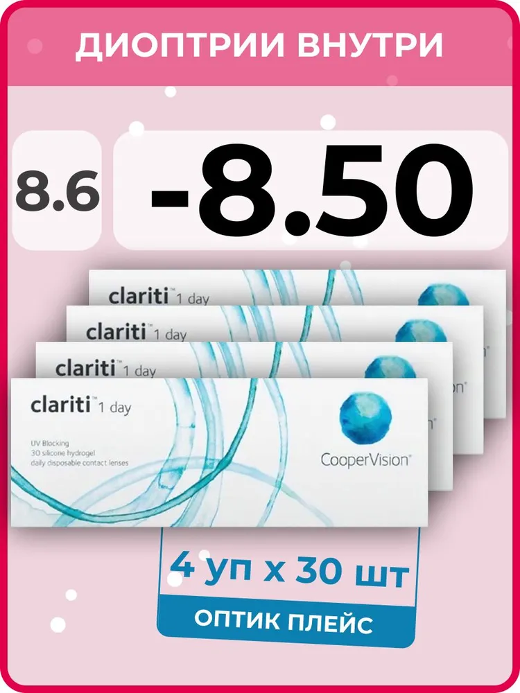 

Контактные линзы CooperVision clariti 1-day 4 упаковки по 30 линз, R 8.6 SPH -8.50