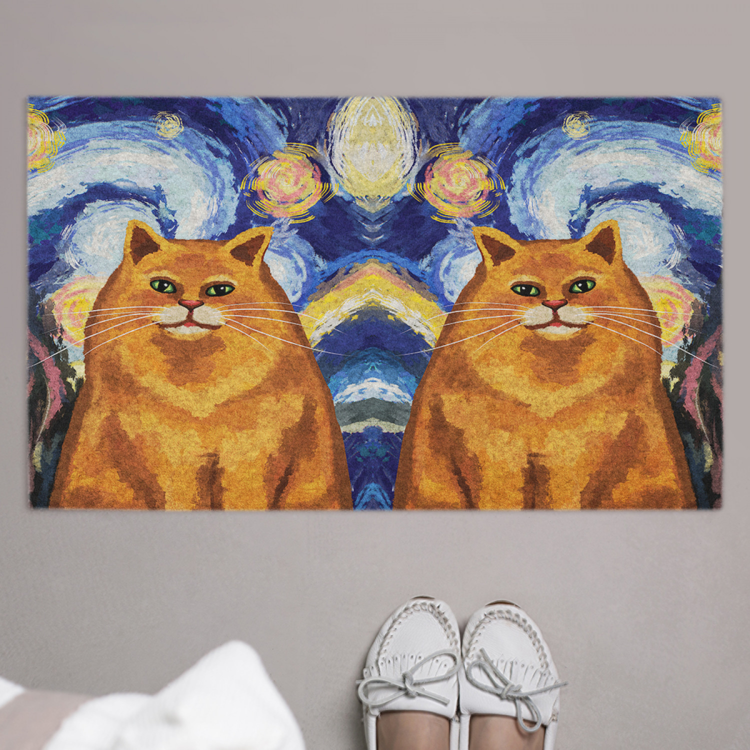 фото Придверный коврик joyarty "коты в стиле ван гог" для обуви, на резиновой основе, 75x45 см