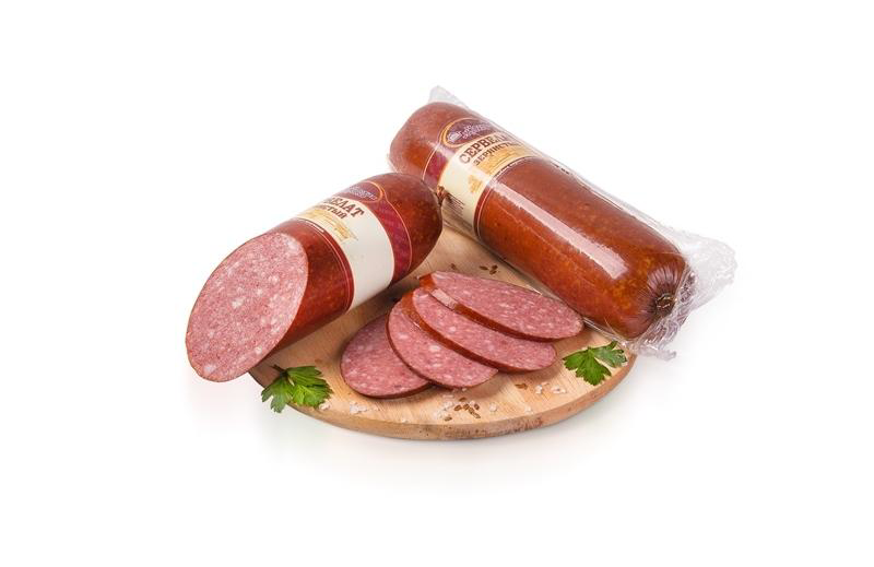 

Колбаса Мясная деревня Сервелат зернистый варено-копченая ~600 г