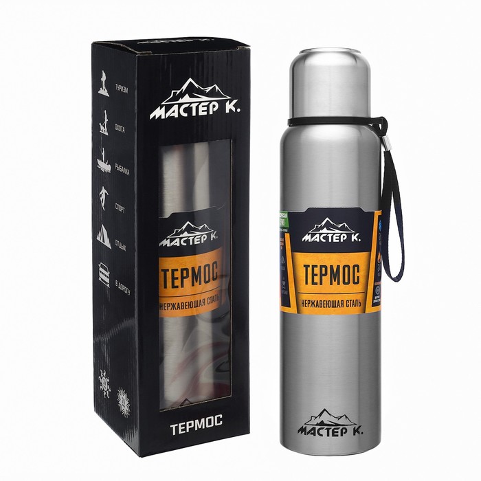 

Термос Мастер К 5459698, 1 л, с кружкой, с ситечком, сохраняет тепло 24 ч, серебристый