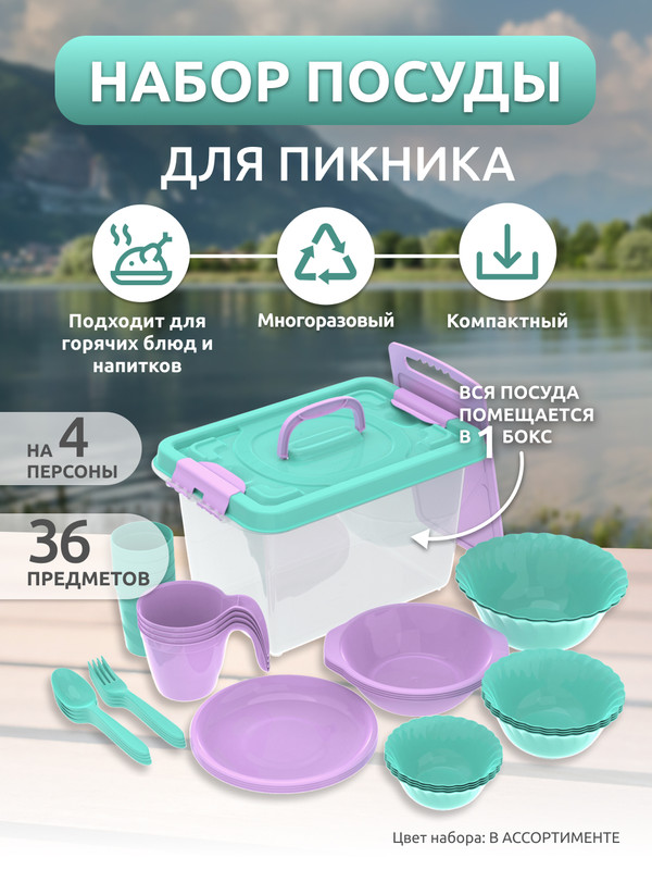 Набор посуды для пикника №5 Весёлая компания на 4 персоны, 36 предметов