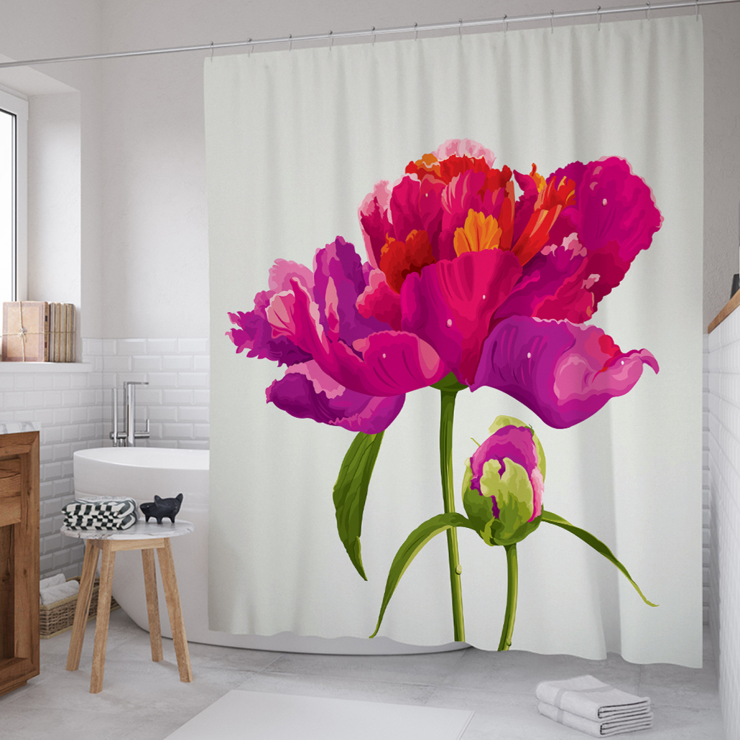 

Штора для ванной JoyArty "Распустившийся пион" из сатена, 180х200 см с крючками, Белый, Распустившийся пион