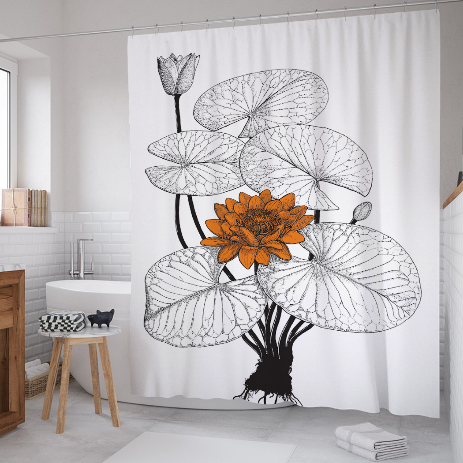 

Штора для ванной JoyArty "Графические кувшинки" из сатена, 180х200 см с крючками, Белый, Графические кувшинки