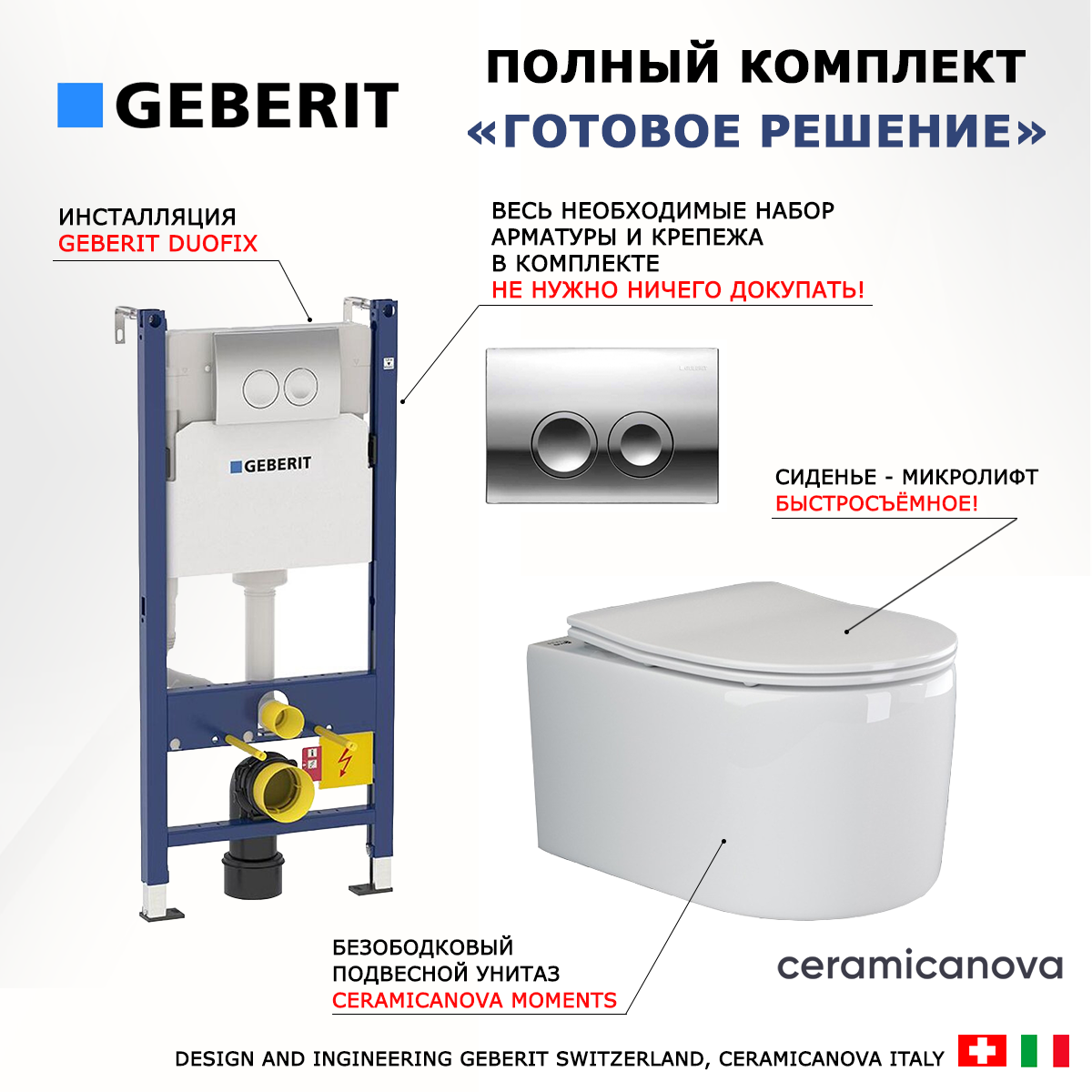 

Комплект инсталляция Geberit + унитаз Ceramica Nova Moments + кнопка хром Delta21