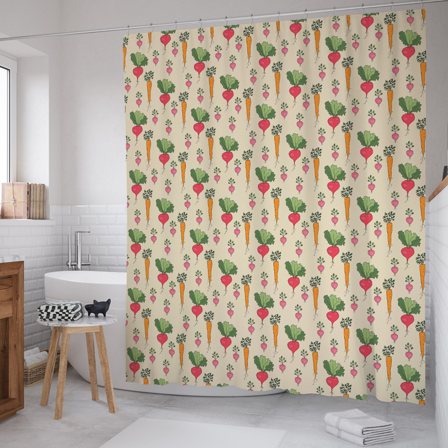 

Штора для ванной JoyArty "Овощные корнеплоды" из сатена, 180х200 см с крючками, Бежевый, Овощные корнеплоды