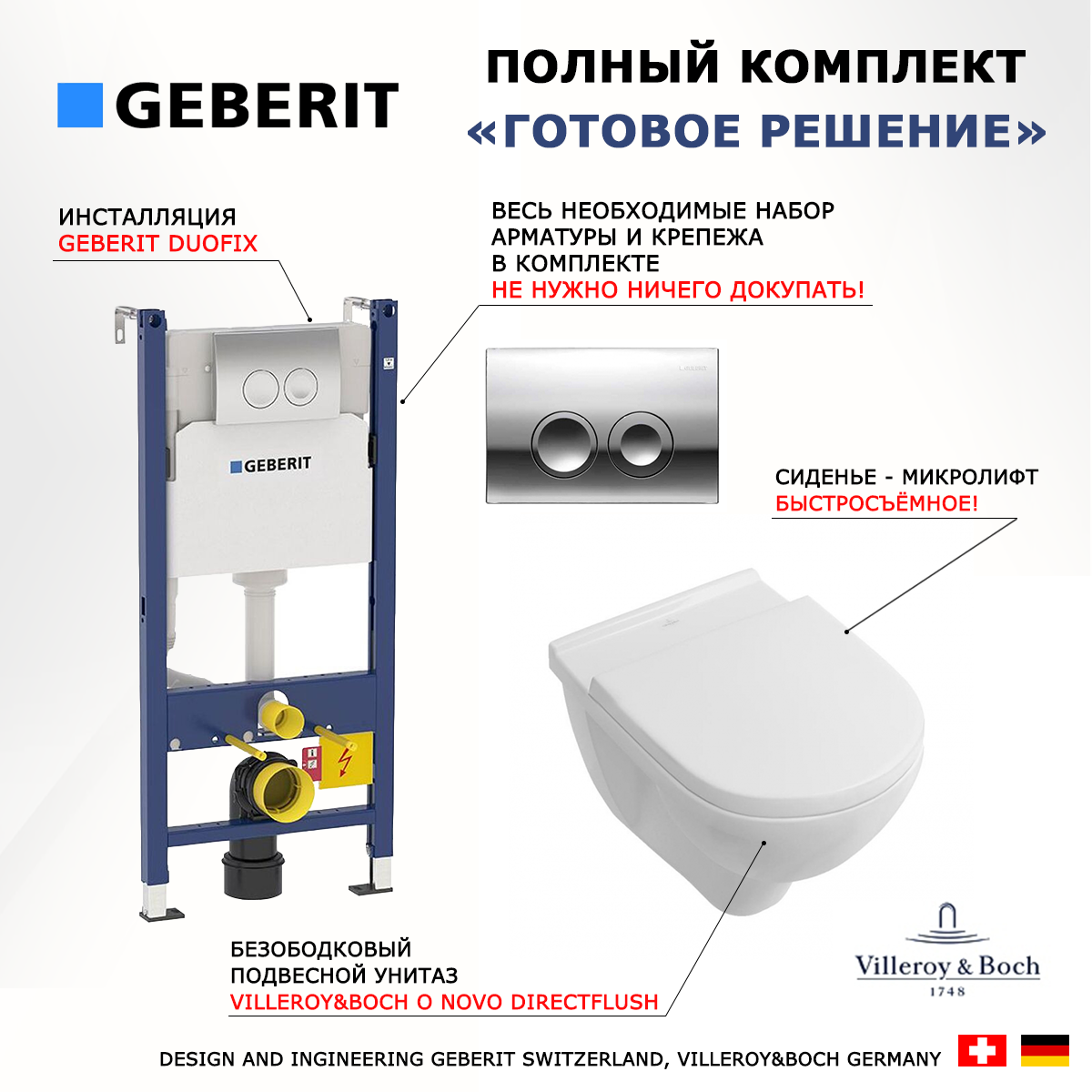

Комплект инсталляция Geberit Delta + Унитаз O Novo Directflush + кнопка хром