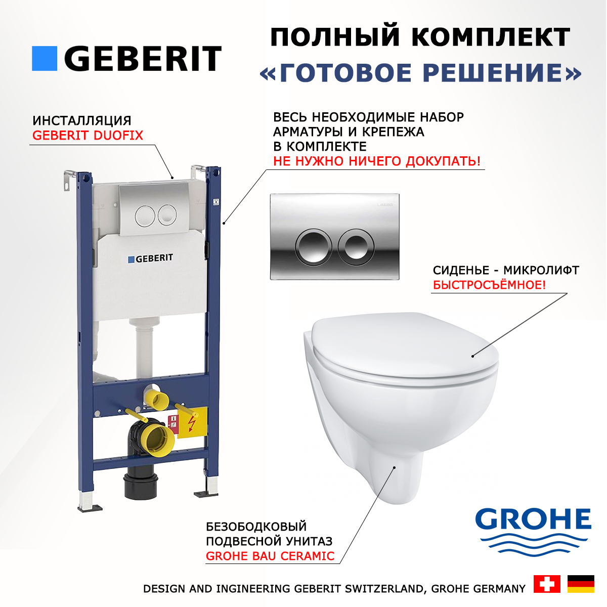 

Комплект инсталляция Geberit Delta + Унитаз Grohe Bau Ceramic + кнопка хром