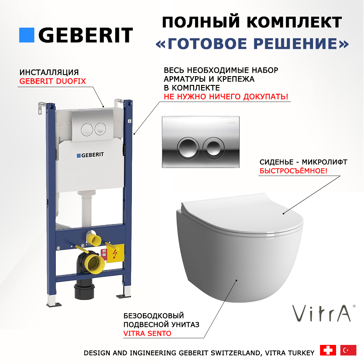 

Комплект инсталляция Geberit Delta + Унитаз VitrA Sento + кнопка хром