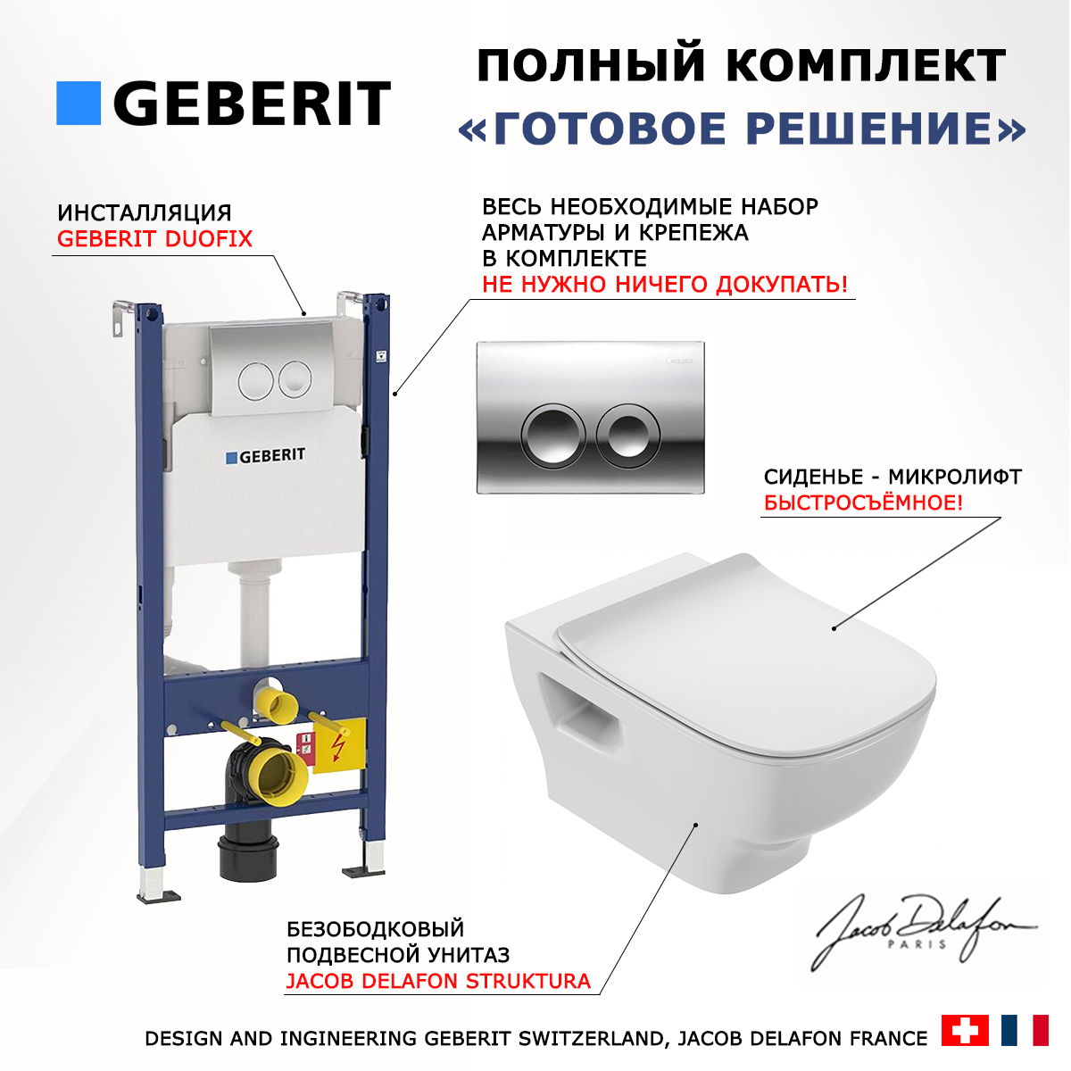 

Комплект инсталляция Geberit Delta + Унитаз Jacob Delafon Struktura + кнопка хром