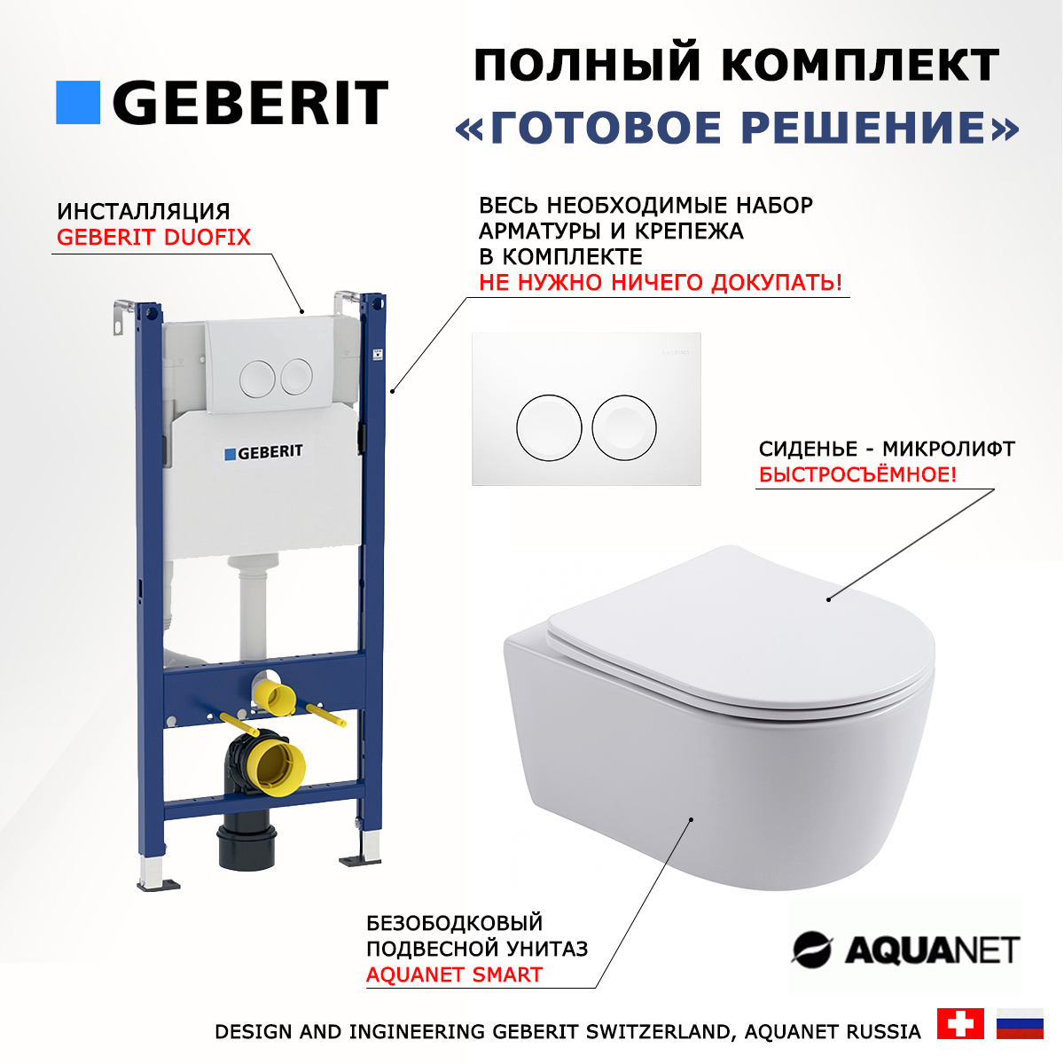 

Комплект инсталляция Geberit Delta + Унитаз Aquanet Smart + кнопка белая