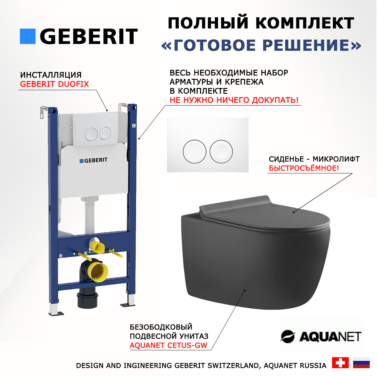 Комплект инсталляция Geberit Delta + Унитаз Aquanet Cetus-GW + кнопка белая