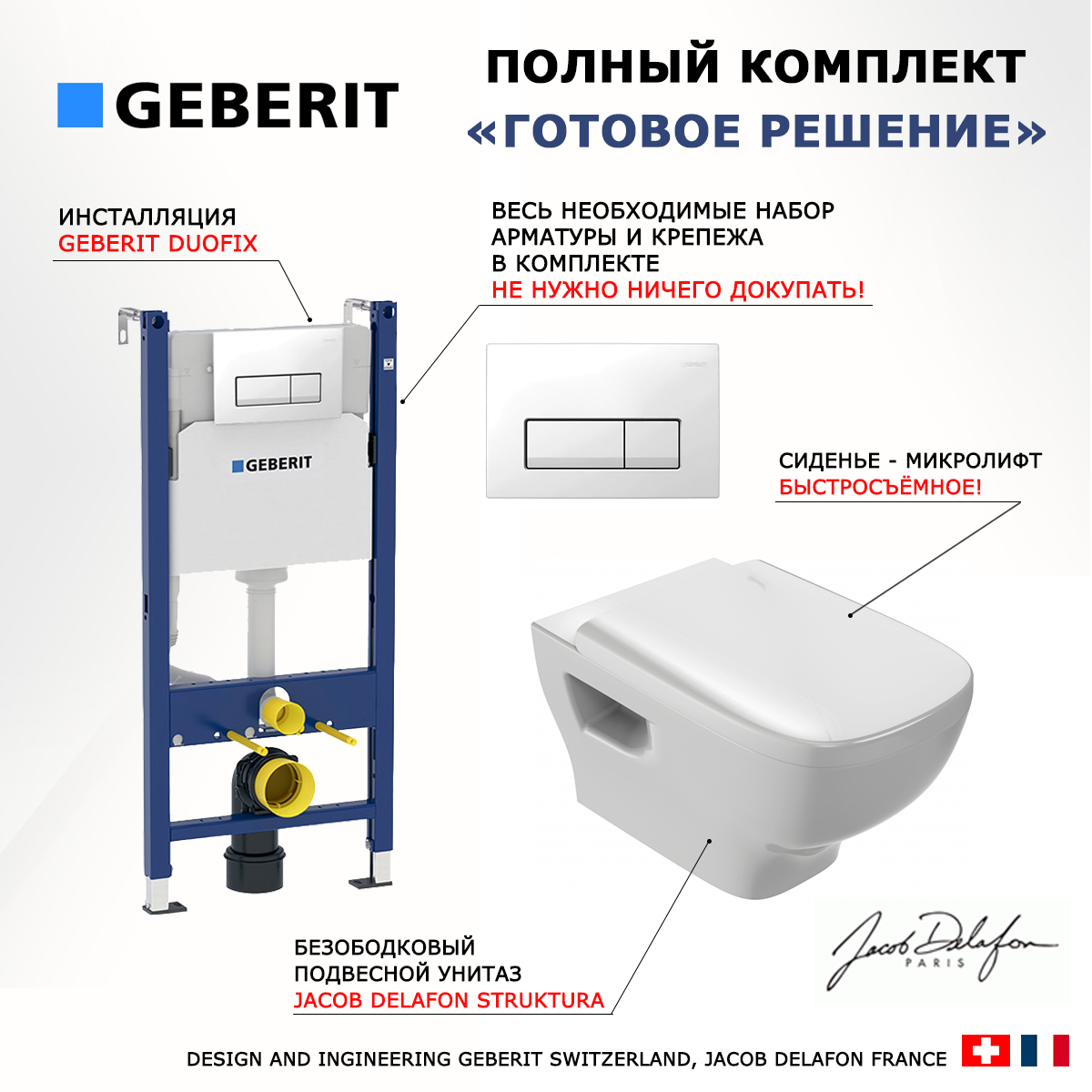 

Комплект инсталляция Geberit + Унитаз Jacob Delafon Struktura + кнопка белая