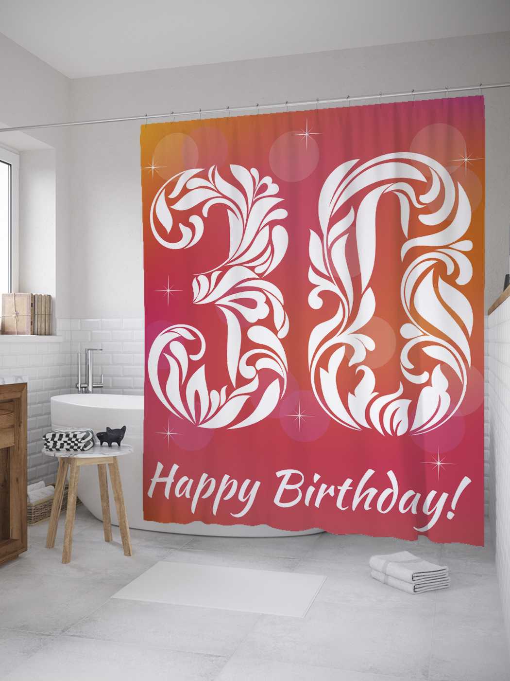 

Штора (занавеска) для ванной JoyArty "Градиент 30-летия" из сатена, 180х200 см с крючками, Черный