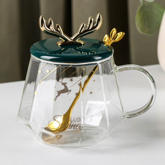 

Кружка с керамической крышкой и ложкой «Бэмби», 350 мл 7,5x8 см, рисунок МИКС