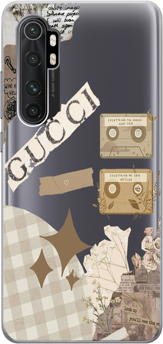 

Чехол на Xiaomi Mi Note 10 Lite "GUCCI Stickers" прозрачный, Прозрачный;бежевый, 5521
