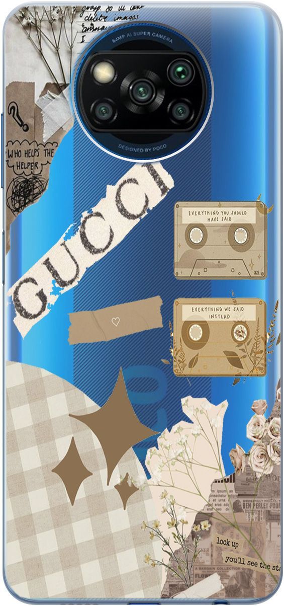 

Чехол на Xiaomi Poco X3 "GUCCI Stickers" прозрачный, Прозрачный;бежевый, 5527