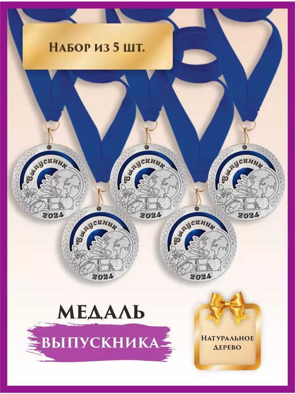 

Медаль выпускник школы, LinDome, деревянная, Глобус, 5 шт, цвет синий, медалишколадерево