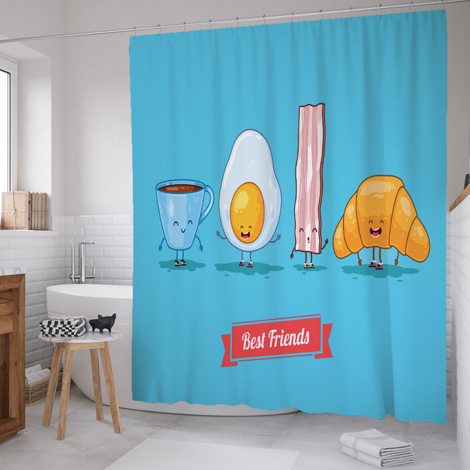 

Штора для ванной JoyArty "Сытный завтрак" из сатена, 180х200 см с крючками, Голубой, Сытный завтрак