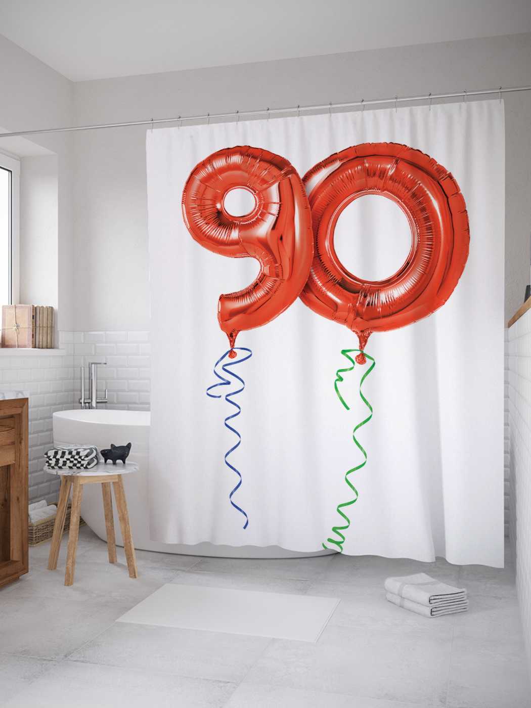 фото Штора (занавеска) для ванной joyarty "шары на 90-летия" из сатена, 180х200 см с крючками
