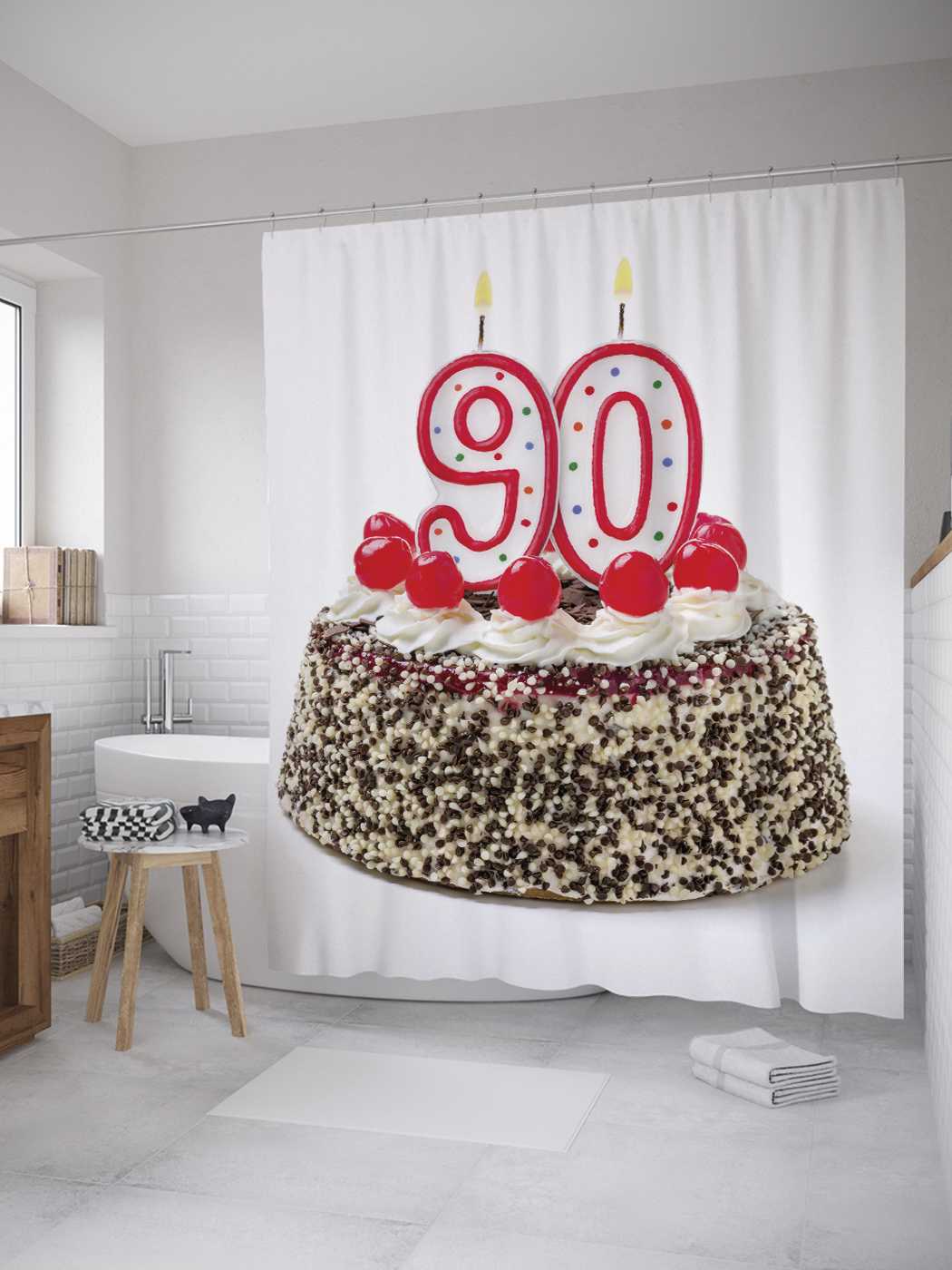 

Штора для ванной JoyArty "Ягодный торт на 90-летие" из сатена, 180х200 см с крючками, Черный