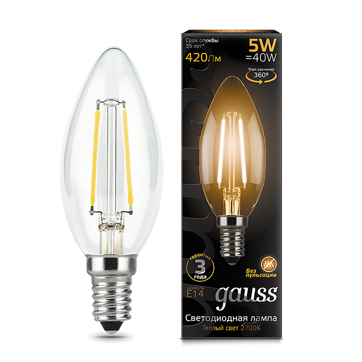 фото Лампа gauss filament свеча 5w 420lm 2700к е14 led