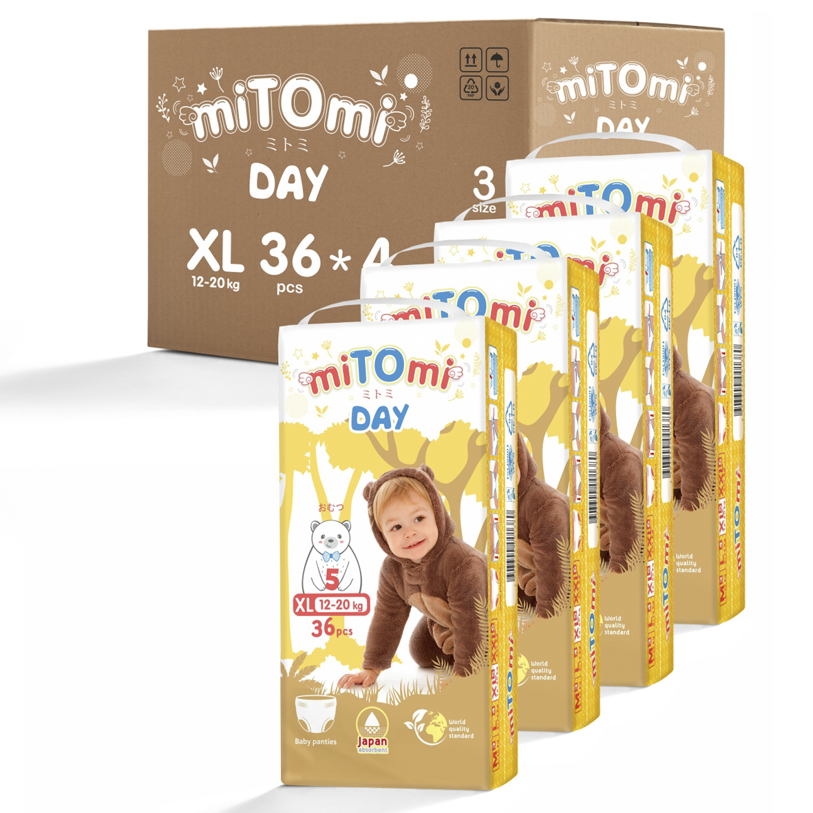 

Подгузники-трусики miTOmi Day, размер 5/XL (12-20 кг), 4 упак. по 36 шт.