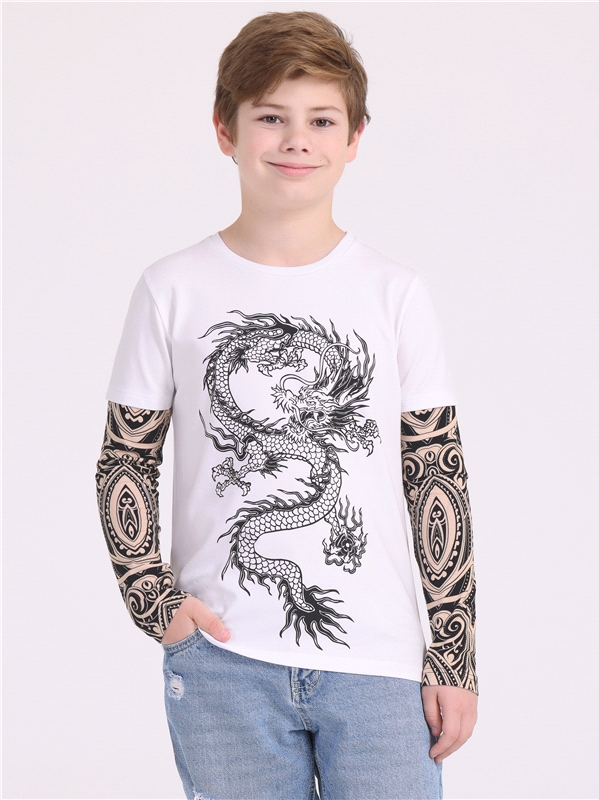 Лонгслив детский Апрель 296804няД2, белый+тату ацтеков Японский дракон, 134