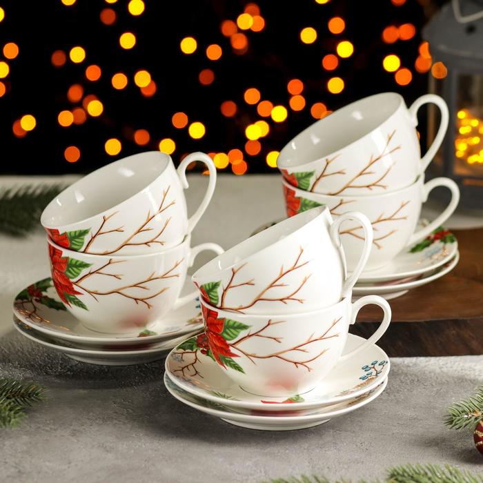 фото Сервиз чайный 12 предметов magistro «новый год. пуансеттия», чашка 280 мл, блюдце d=15 см