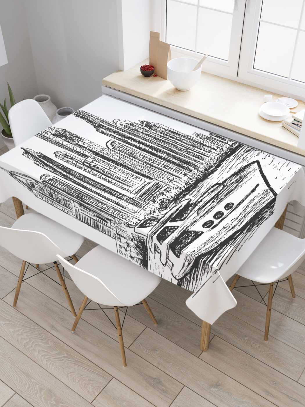 

Скатерть прямоугольная JoyArty "На яхте вокруг города" из оксфорда, 120x145 см, Белый, На яхте вокруг города