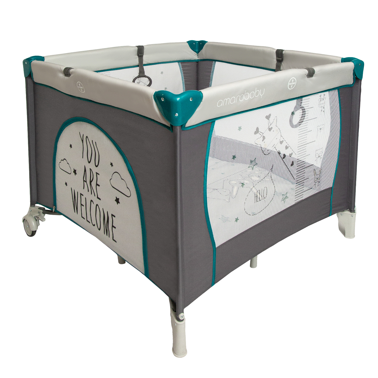 фото Манеж игровой amarobaby walky (good day giraffe) детский квадратный, серый, лаз на молнии