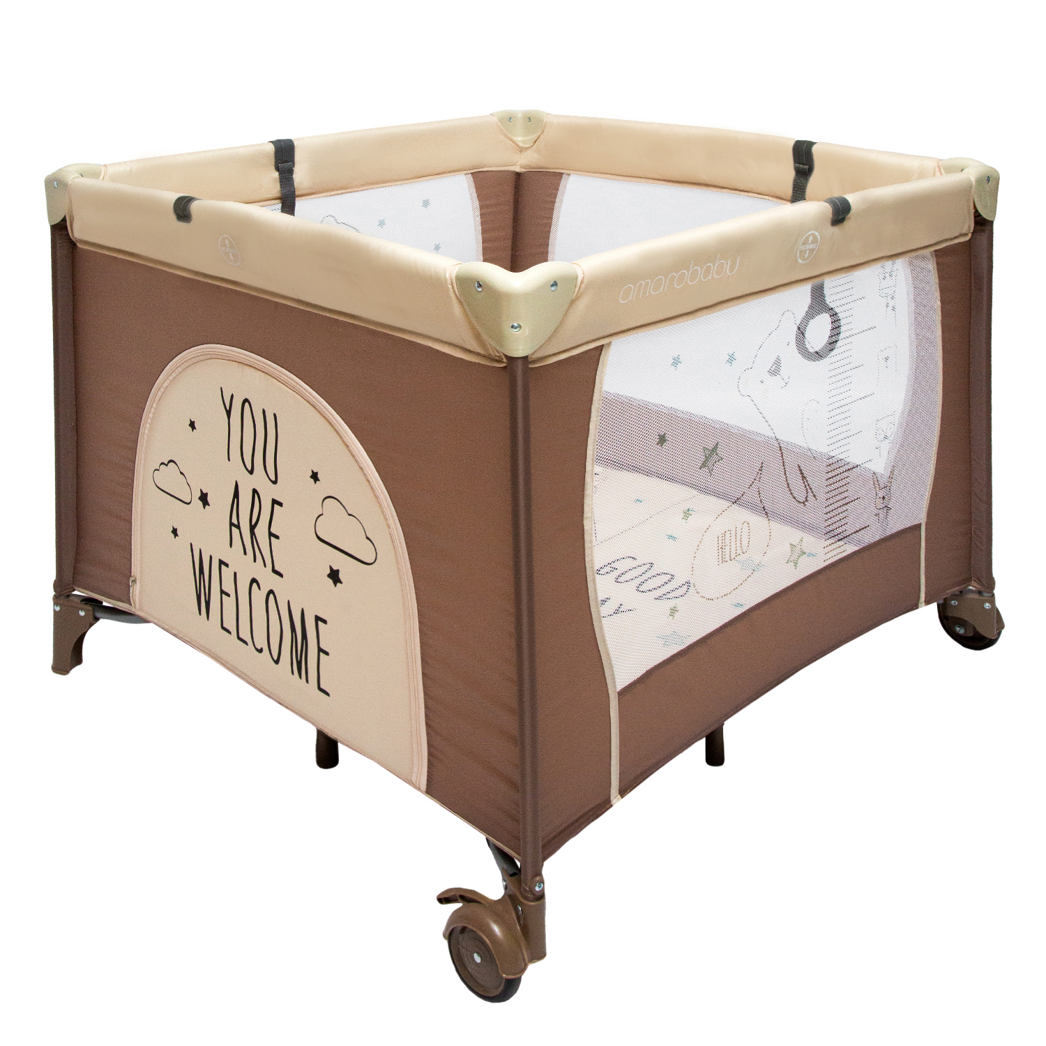 

Манеж игровой Amarobaby WALKY (Good Day Bear) детский квадратный, бежевый, лаз на молнии, AMARO-26WG