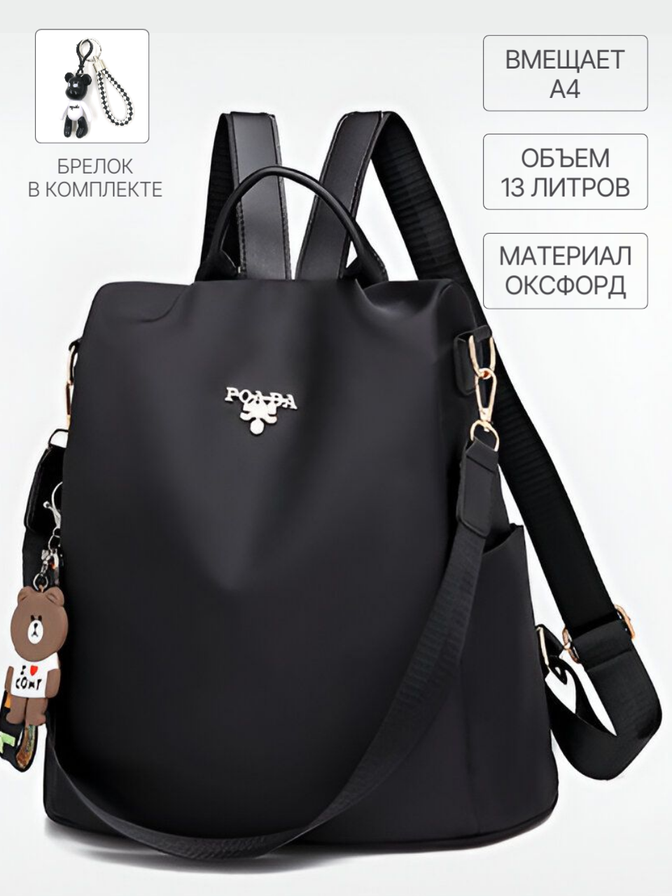 

Сумка-рюкзак женская NoBrand M1802-04 черная, 32х32х13 см, Черный, M1802-04