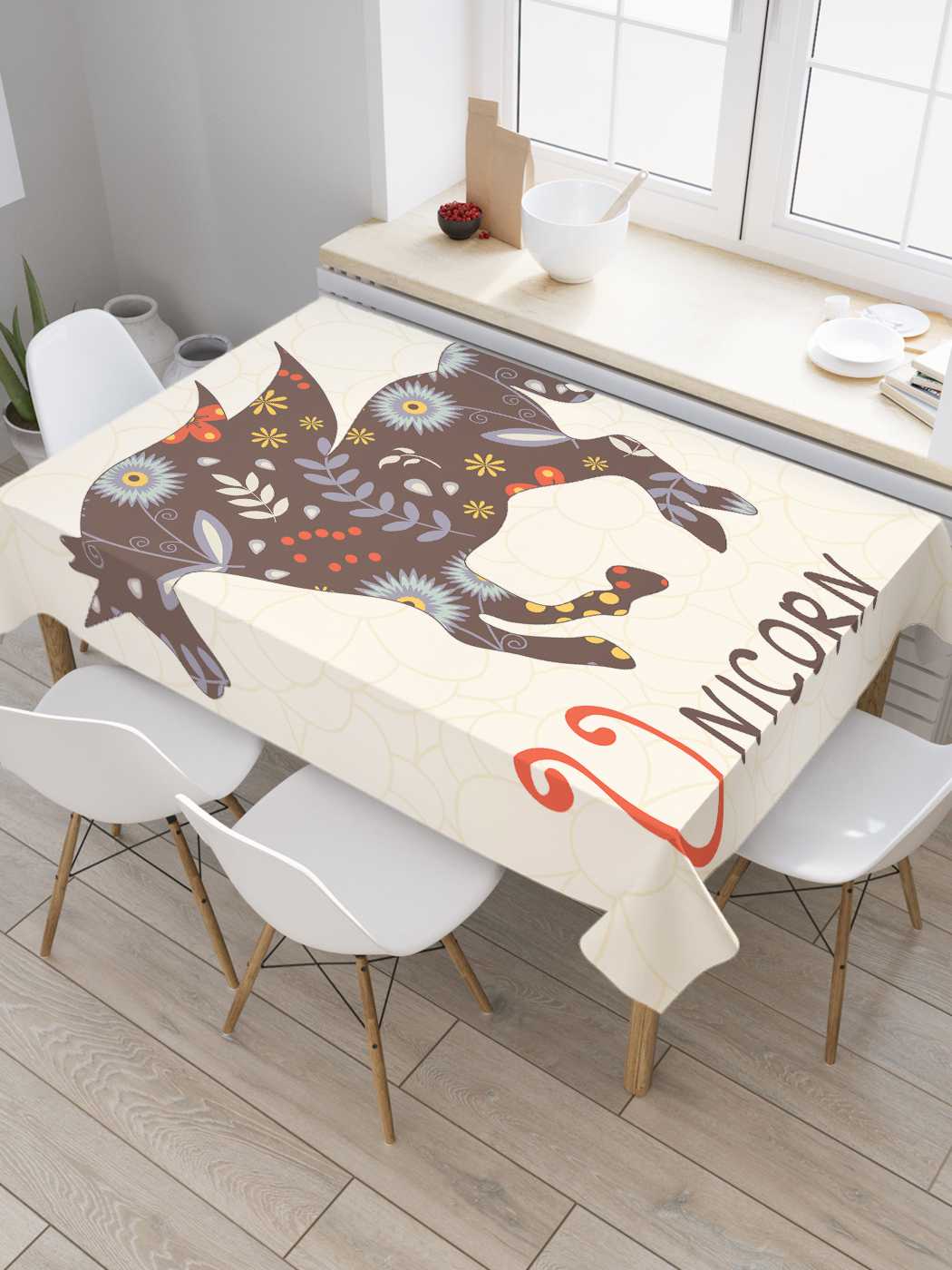 

Скатерть прямоугольная JoyArty "Единорог в узорах" из оксфорда, 120x145 см, Бежевый, Единорог в узорах