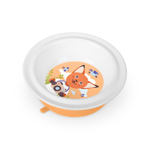 фото Тарелка детская пластишка глубокая на присосе с оранжевым декором цв. белый, 431316016