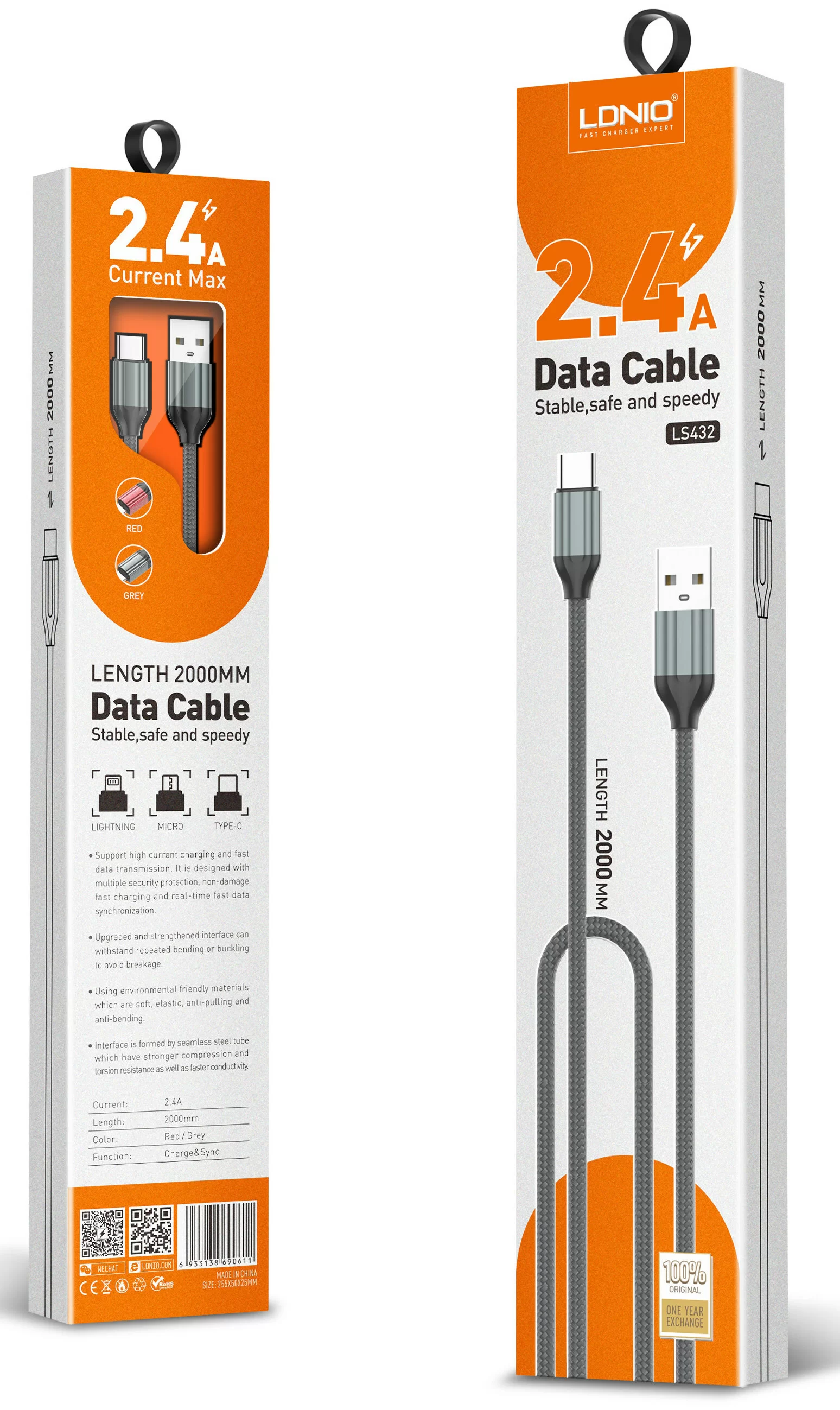 фото Ldnio ls432/ usb кабель lightning/ 2m/ 2.4a/ медь: 120 жил/ нейлоновая оплетка/ gray