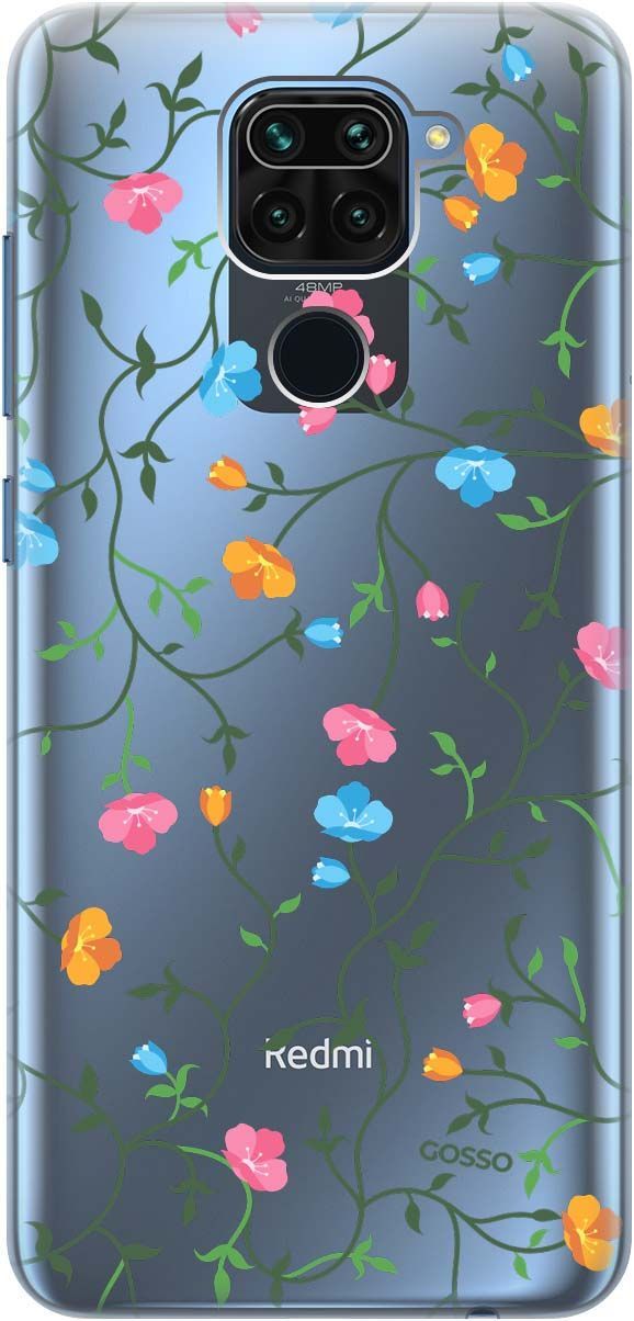 

Чехол на Xiaomi Redmi Note 9 "Сurly Flowers" прозрачный, Прозрачный;голубой, 108