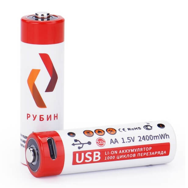 

Аккумуляторные батарейки Рубин Li-ion АА 1,5v 2400 mWh, АА 1,5 В (2400mWh AA USB)
